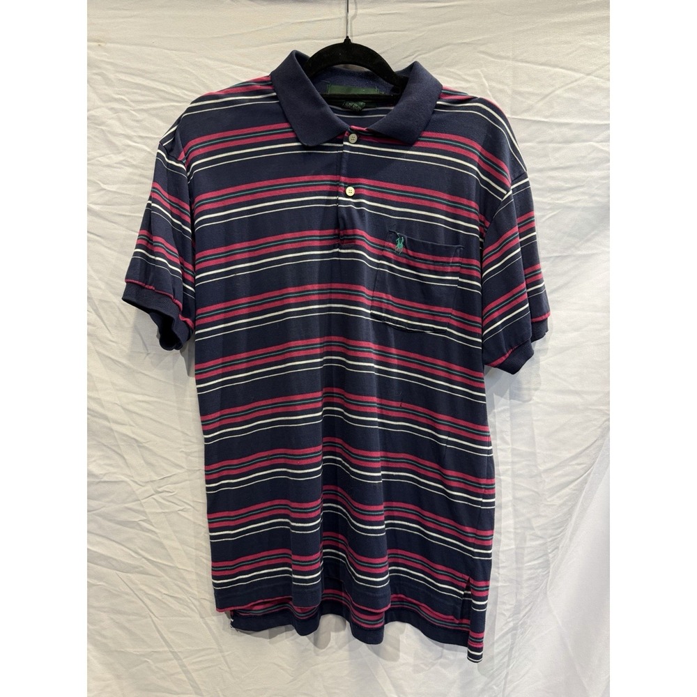 Kings court Red Green Striped Polo Shirt Men's L Collared Short Sleeve vintage